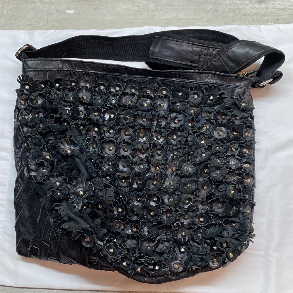 Black Leather Shoulder‎ Bag Floral Applique Studded Fringe Crossbody